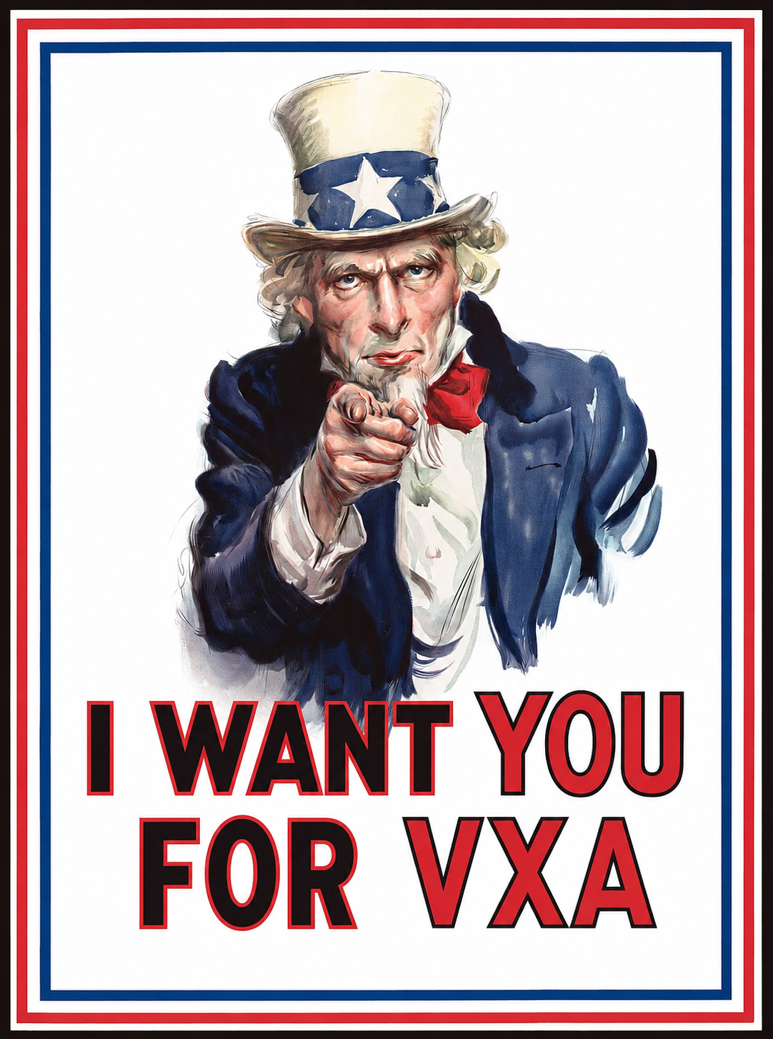 Pôster 'I Want You for Vxa', inspirado no clássico cartaz de recrutamento de 1917